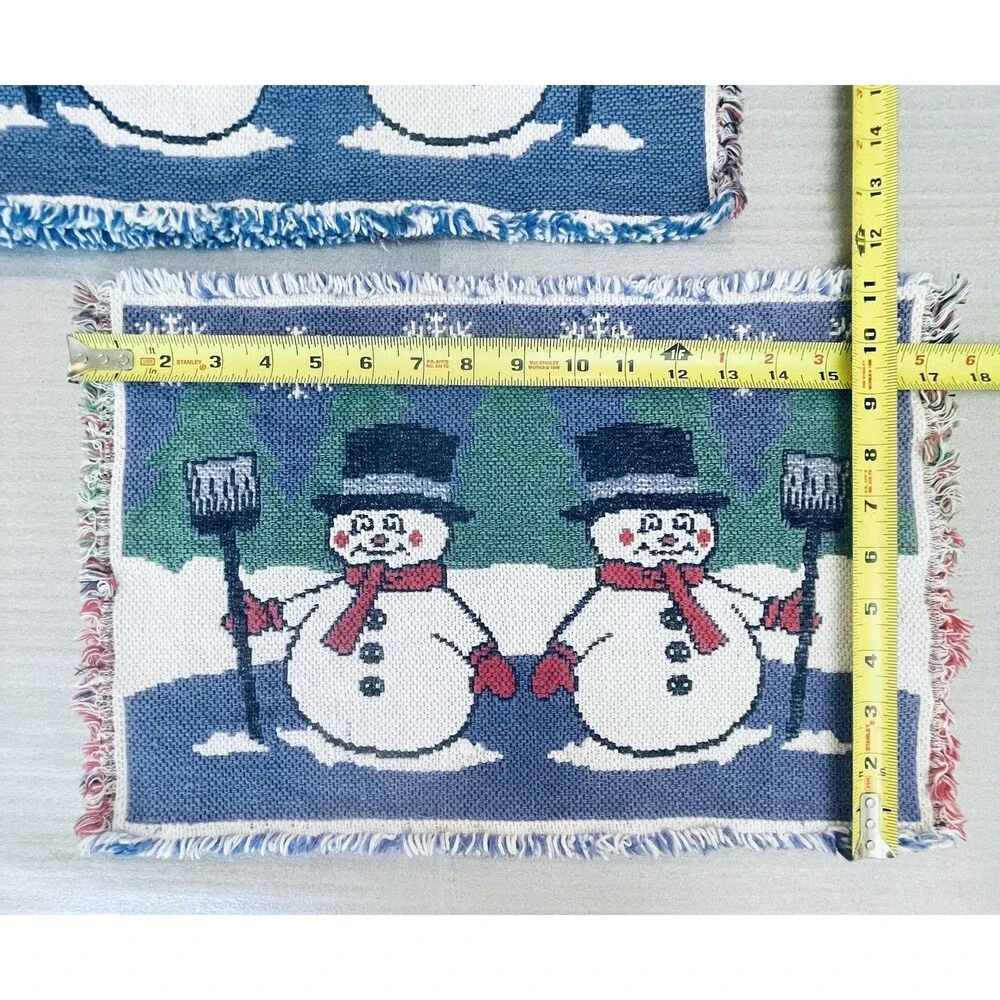 Snowman Tapestry Placemats Set of 4 Fringe Edges Winter Christmas Decor 17.5
